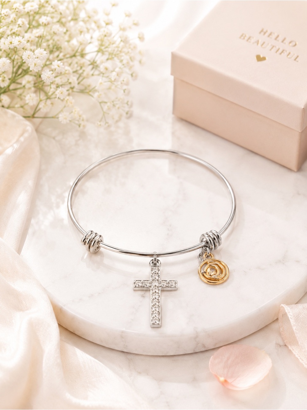 LOVE THIS LIFE Faith Cross Expandable Bangle Bracelet Crystal Stainless Steel OS
